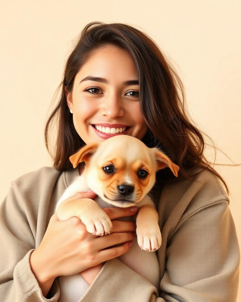 A caregiver holding a puppy in warm natural light